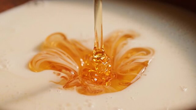 Golden honey slowly pouring into a glass of fresh milk with a swirling effect
