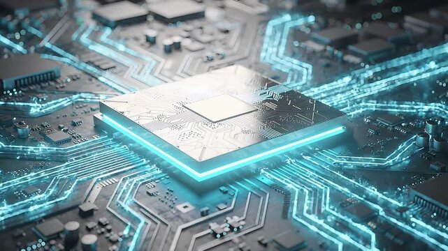 Advanced processor animation with glowing semiconductor chip, high speed circuit connectivity, intelligent digital computing, futuristic microchip technology and electronic hardware background video