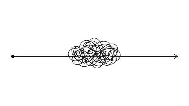 A straight line with a tangled knot in the middle representing complexity and a clear path forward
