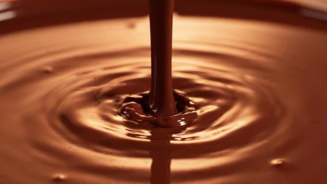 Thick melted chocolate dripping into a bowl with rippling surface and rich brown tones
