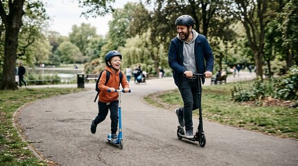 Fototapeta premium Happy father and young son riding kick scooters in a sunny park, laughing during family bonding time, active outdoor lifestyle, safety helmets, Father's Day celebration.