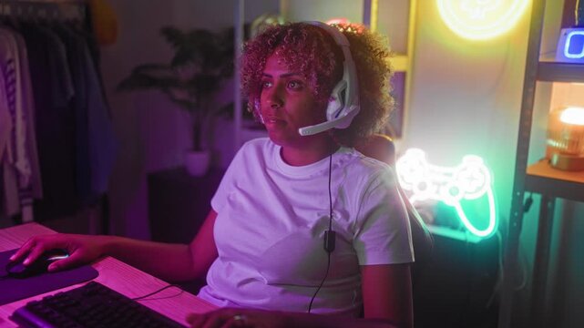 Woman with headset and arms crossed at gaming studio seated at desk with keyboard, mouse and neon controller sign; confidence focus.