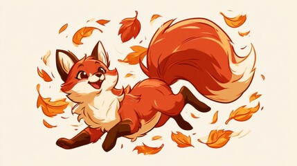 Naklejka premium A playful fox with big eyes jumps among vivid leaves in a sunny outdoor setting during fall.