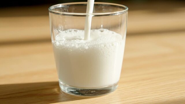 Fresh cold milk being poured into a clear glass on a wooden table with soft lighting