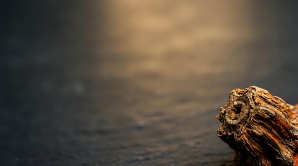 Fototapeta premium Weathered driftwood log rests against dark water with moody sky