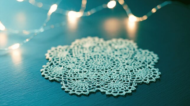 White lace doily on blue table with fairy lights