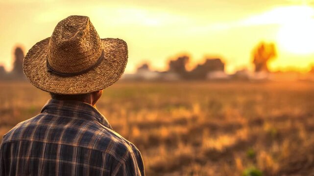 A farmer in a straw hat watches the sunset over a golden wheat field. The concept of harvest, rural life, unity with nature