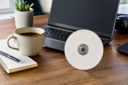 White laptop desktop workspace with notebook pen and coffee cup