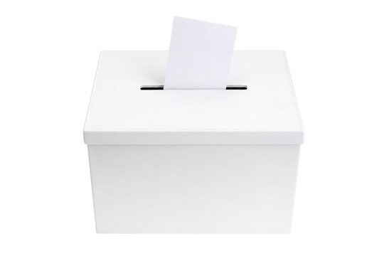 White voting ballot box with paper slotted output isolated on transparent background png element