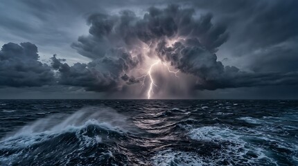 Fototapeta premium Dramatic lightning storm striking the rough ocean waves with dark thunderclouds