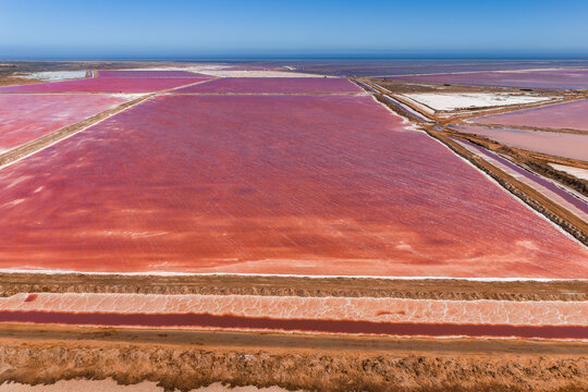Aerial view showing the vast salt evaporation pans and pink mineral lakes at Walvis Bay in Namibia, featuring square ponds and earthen dikes.