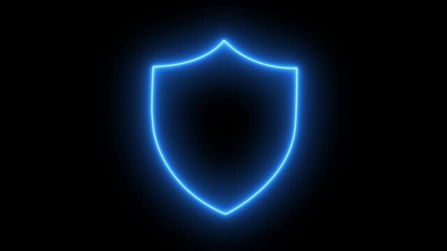 Shield icon security animation, badge shield security protection emblem safety guarantee award animation icon. Bright neon security neon frame with tones on isolated black background. Alpha channel 
