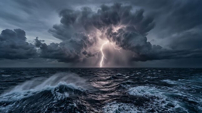 Dramatic lightning storm striking the rough ocean waves with dark thunderclouds