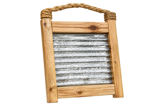 Wooden and metal washboard with rope handle isolated on transparent background PNG element