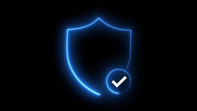 Glowing neon line badge shield security protection emblem safety guarantee award animation icon with checkmark, successful done, approved icon, 4k