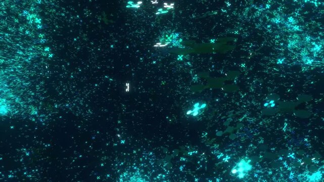 Cyan cross particles drift through a dark cyber void in a smooth 3D animation illustrating obsessive thought loops, depression, and digital anxiety background