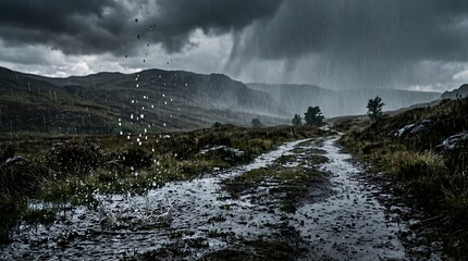 Fototapeta premium Dramatic rural landscape with heavy rain shower over muddy dirt road in gloomy weather conditions