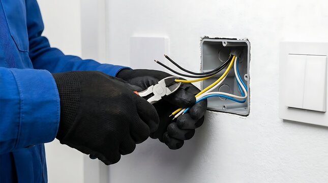 Electrician hands using wire cutters to strip cables for home renovation and wiring repair
