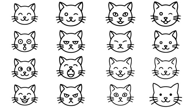Cute Cat Faces with Different Emotions Line Art Set