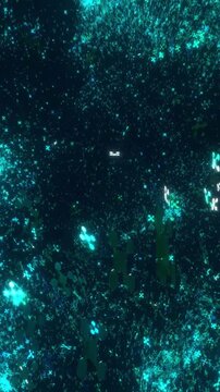 Glowing cyan particles flutter in a vertical 3D render symbolizing obsessive compulsive disorder, digital burnout, and mental fatigue for mobile content