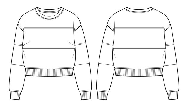 Girl's colorblock panel sweatshirt design fashion flat sketch template. Oversize crew neck sweat with chest seam technical drawing template. Sweatshirt fashion cad vector illustration.