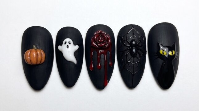 Set of matte black Halloween press-on nails with 3D pumpkin, ghost, bleeding rose, spider and black cat designs isolated on white background