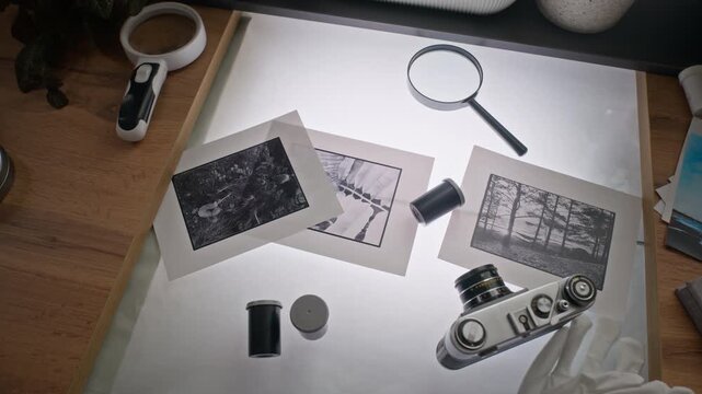 Vintage camera, film canisters, magnifying glass, and black and prints lying on illuminated light table during slow arc shot. Footage suits retro photography tutorials or creative studio ads