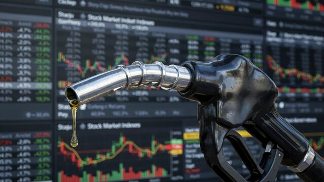 Gasoline fuel nozzle with a single droplet against a blurred stock market trading screen