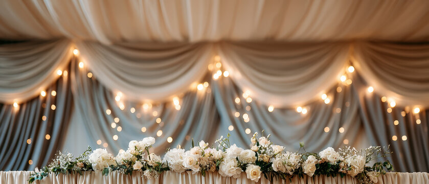 Ivory Draped Wedding Canopy with Fairy Lights and White Floral Garland