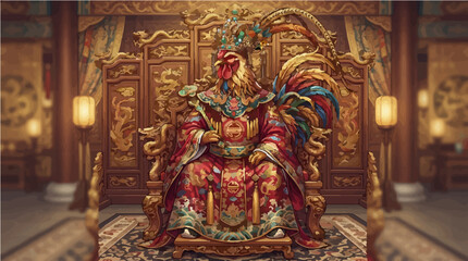 Fototapeta premium Majestic rooster emperor wearing traditional red embroidered silk robes sits regally upon an ornate golden dragon throne in imperial hall