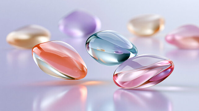 Colorful translucent gel capsules in various shapes and sizes arranged on a reflective surface with soft lighting creating a smooth gradient background