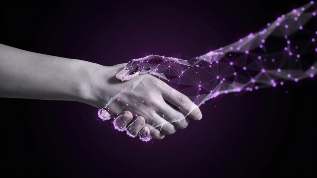 Human hand shaking a digital wireframe hand on dark background