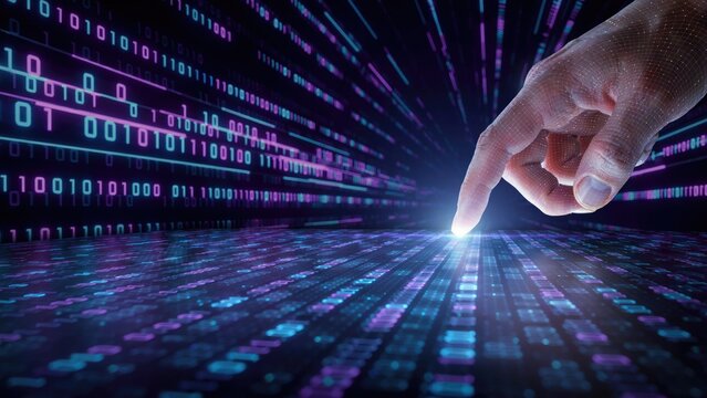 Human finger touching a glowing digital interface of binary code
