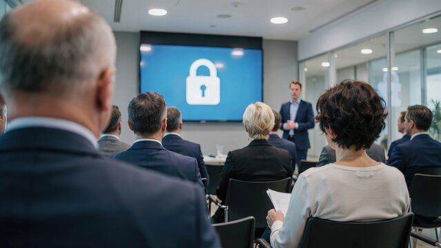 Business presentation with cybersecurity padlock on screen