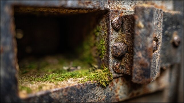 Rusty metal hinge with moss growth