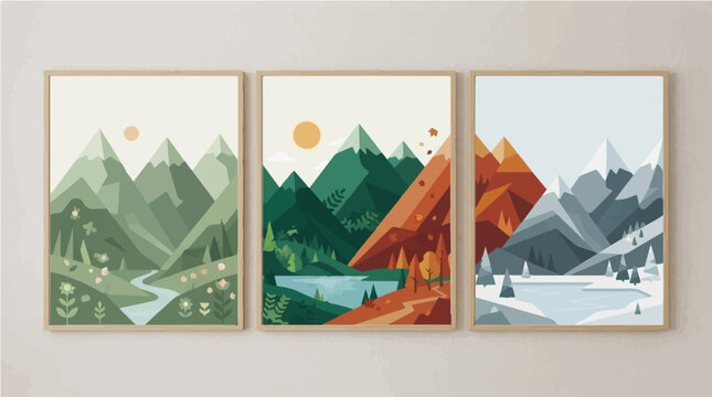 Modern vector illustration triptych featuring minimalist mountain landscapes showcasing seasonal changes with geometric shapes in artistic frames for interior wall decor