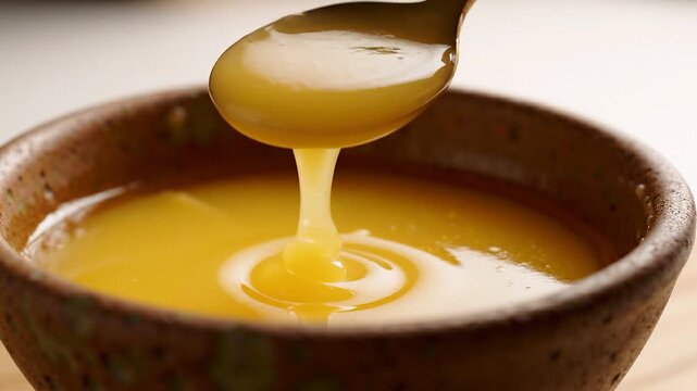 Wooden spoon dipping into a bowl of golden clarified butter ghee for cooking