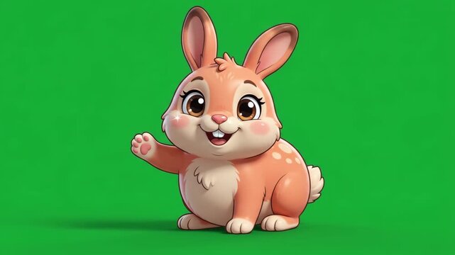 Adorable Cartoon Bunny Waving Hello with Friendly Smile on Green Screen Background, Cute Easter Mascot Illustration for Kids Content