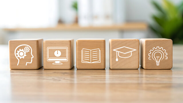 Wooden blocks with hand-drawn business and technology icons for corporate branding and innovation concepts
