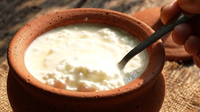 Hand scooping creamy fresh yogurt from a rustic clay bowl on burlap