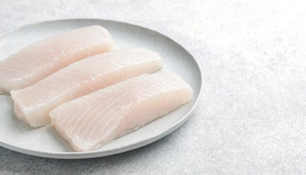 Three raw white fish fillets arranged on a textured white plate on a light gray surface