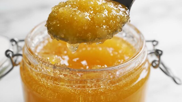 Close up of a spoon scooping golden ghee from a glass jar with metal clamps