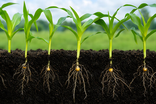 Cross-section of young corn seedlings showing root system growing underground in dark soil with green field