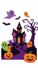 Fototapeta premium Cute Halloween illustration with haunted house, colorful ghosts, carved pumpkins and spooky tree isolated on white background