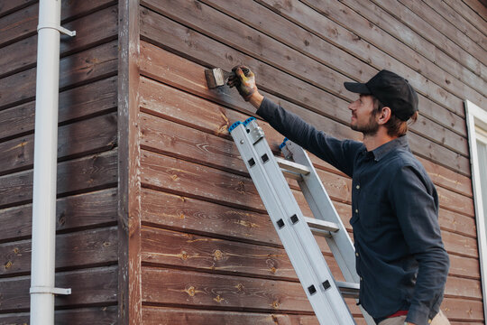 Professional handyman painting a wooden exterior wall with a brush while standing on an aluminum ladder, home renovation and maintenance concept.