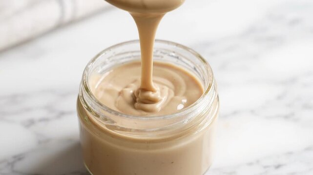 Creamy tahini sauce being poured into a glass jar on a marble surface