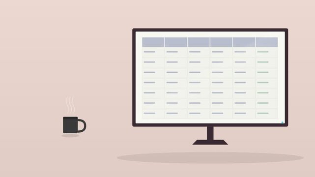 desktop computer monitor showing a spreadsheet with a coffee cup on a warm desk, blush tone