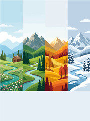 Fototapeta premium Four seasons vector illustration featuring mountains and rivers changing through spring summer autumn and winter in a colorful landscape design