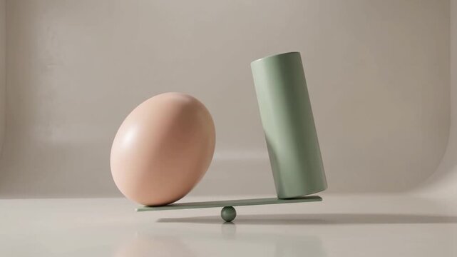 Abstract Minimalist Balance Concept with Egg and Cylinder on Seesaw