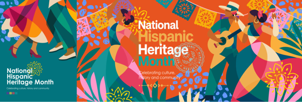 National Hispanic Heritage Month. Vector illustration of Spanish people, Latin American flamenco dancers, musician, guitarist, Mexican papel picado, music and dance for a poster, banner or background.